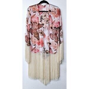 BOSTON PROPER Floral Butterfly Kimono Fringe Cover Up Boho Pink Multi XS New